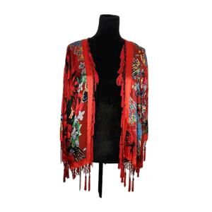 Aria A Vintage Beaded Tassels Silk Blend Floral Kimono Red Multicolor Gipsy Boho